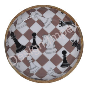 Grand saladier incurvé à motif échecs, en bois émaillé, fait main, pour service et décoration de table - Product Image 2