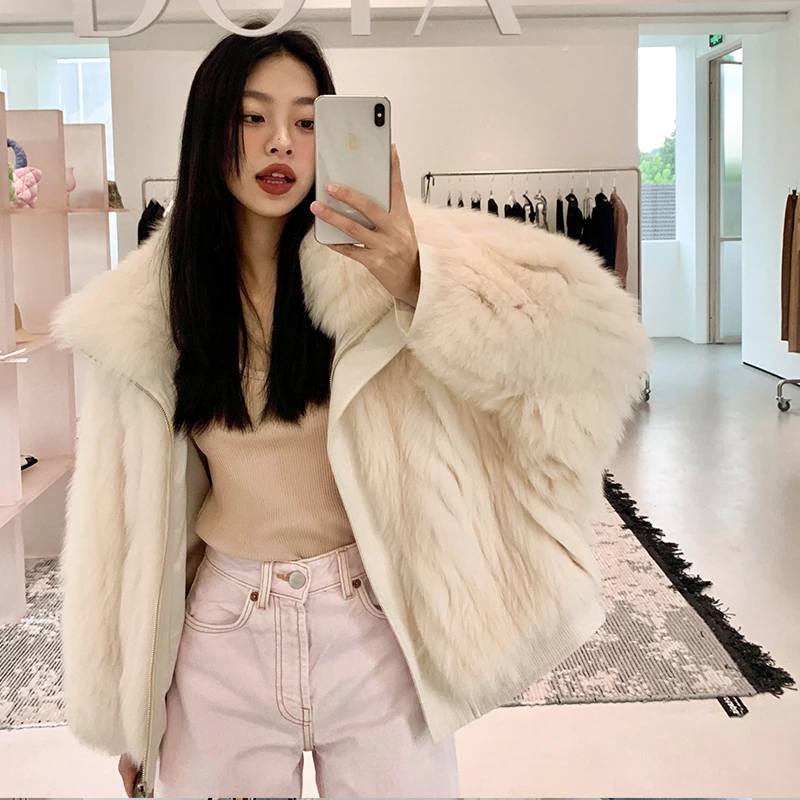 Luxury 2023 Oversized Real Knitted Fox Fur Coat For Women Winter Korean Style Turn Down Collar Natural Fur Outwear Lady Clothing