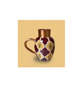 Wholesale handmade copper pure enamel coated printed water jug with inbuilt glass for milk cocktail Unique design good quality
