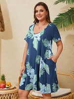 Vestido Largo Holgado Personalizado para Mujer, Talla Grande, de Felpa Sólida, Spandex/Poliéster, 220g, con Bolsillos, Cuello en V, Manga Corta, Casual