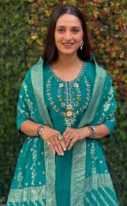 ผ้าไหมโรมันพรีเมี่ยมพร้อมการเย็บปักถักร้อยกางเกง kurti และแฟชั่นผู้หญิง dupatta - Product Image 3