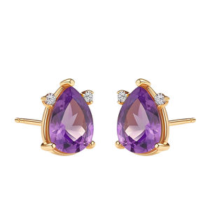 Boucles d'oreilles en or jaune massif 14K en forme de poire avec améthyste et diamants Accents Fabrication de bijoux - Product Image 1