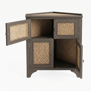 Rustic wooden corner nightstand bedroom bedside cabinet handwoven rattan doors premium <b>storage</b> organizer elegant home furnitures - Product Image 1