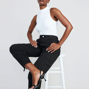 Nouveauté Pantalon cargo en toile imperméable uni pour femme, coupe droite, taille mi-haute, style streetwear, poches latérales - Product Image 3