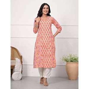Pink Floral <b>Printed</b> Straight Kurti Butti <b>Block</b> Style Traditional Indian Ethnic Cotton Dress Rayon Daily Wear Party Ocasional Use - Product Image 1