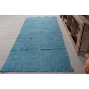 Alfombra turca Vintage moderna de 3,7x9 pies, Alfombra de lana de tejido plano de retazos azul, decoración para sala de estar con respaldo de látex - Product Image 2