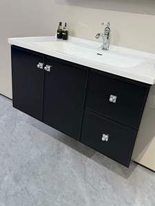 Ensemble de meuble-lavabo de salle de bain moderne haut de gamme en MDF laqué avec portes en verre de style crème français résistantes à l'eau - Product Image 5