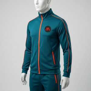 ชุดวอร์มสีฟ้าอมเขียวสำหรับผู้ชาย เสื้อแจ็คเก็ตแบบซิปเต็มตัว กางเกงจ็อกเกอร์ แต่งแถบสีส้ม ชุดกีฬา สำหรับฝึกซ้อม ออกกำลังกาย วิ่ง ฟิตเนส - Product Image 4