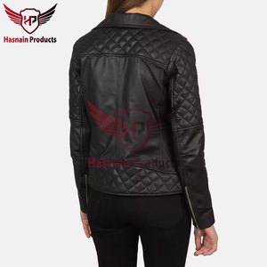 Womens Real Black Leather Biker <b>Jacket</b> Asymmetric Zip Lapel Collar Quilted Sleeve Sheepskin Coat Zip Pockets Slim Outwear New - Product Image 5