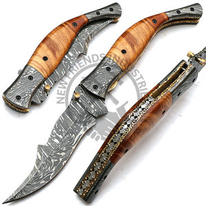 Couteau de chasse pliant personnalisable OEM pour homme en acier Damas, manche en bois, idéal pour la pêche, le camping et la randonnée - Product Image 2