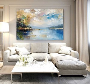 Peinture murale abstraite sur toile bleue et dorée, peinture à l'huile sur toile peinte à la main, art contemporain pour décoration intérieure, sans cadre - Product Image 5