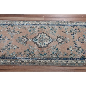 Alfombra Turca de 3.3x9.1 pies, Alfombra Vintage Azul con Diseño Geométrico - Product Image 3