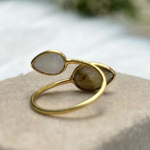 แหวนพลอยลาบราดอไรต์สีรุ้งคู่รูปลูกแพร์ทำด้วยมือแหวนทองเวอร์เมลขอบอัญมณีขายส่งแหวนปรับขนาดได้ - Product Image 2