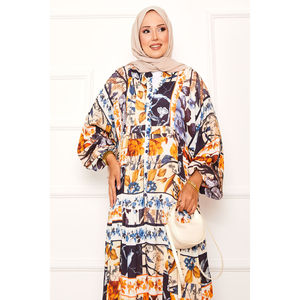 Navy Blue Floral Patterned Viscose <b>Dress</b> Plus Size <b>Loose</b> Silhouette with Dropped Waistline Chic Chiffon Floral Print Fashion - Product Image 2