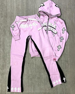 Ensemble de pantalons de survêtement à capuche 100% coton respirant avec fermeture éclair jambe large évasée piste d'hiver poids lourd - Product Image 1