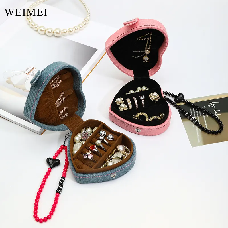 WEIMEI Nouveau Design Denim Bijoux Paquet De Stockage Anneau Collier Boucle D'oreille Bracelet En Forme De Coeur Organisateur Boîte