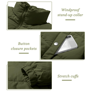 Veste matelassée pour homme, couleur vert olive, col montant, fermeture éclair, épaisse, décontractée, courte, rembourrage en fibres de polyester - Product Image 6