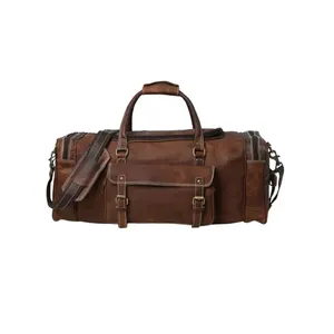 Brown <b>Leather</b> Travel <b>Duffel</b> <b>Bag</b> with Zipper Closure Printing Logo Casual Style Foldable Fitness & Gym Use - Product Image 1