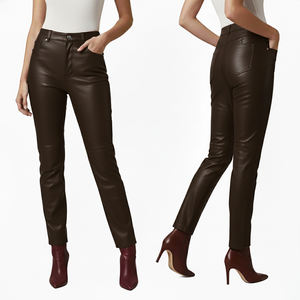 Pantalones de Lona y Cuero de Cintura Media para Mujer, Estilo Urbano, Ajustados, Invierno, Ecológicos, Resistentes al Viento, Morado y Marrón - Product Image 1