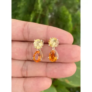 Boucles d'oreilles pendantes en citrine naturelle, argent sterling 925 plaqué rhodium, bijoux en pierres précieuses fines faits à la main, style classique - Product Image 2