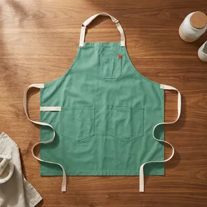 Delantal sin mangas de lona verde estilo sencillo con bolsillos, resistente al agua, lavable a máquina para cocinar y uso diario - Product Image 1