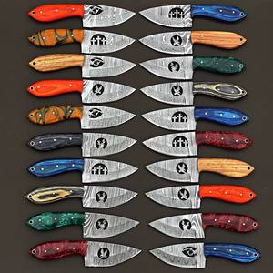 Nordic Forge Set of 20 Skinner Utility <b>Knife</b> Damascus Steel EDC Fixed Blade Wood Handles OEM Random Color with Leather <b>Sheath</b> - Product Image 4