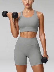 Wholesale Grey Gym OEM Yoga & Fitness Yoga Set High Waisted Shorts Racerback Sports Bra Seamless Pockets Four-Way Stretch - Product Image 2