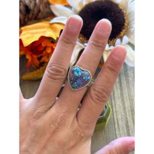 Southwest Handmade Mohave Turquoise Sterling Silver Adjustable Heart <b>Statement</b> <b>Ring</b> - Product Image 2