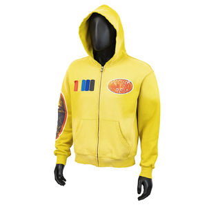 เสื้อฮู้ดซิปสีเหลืองลายกราฟิกแบบกำหนดเอง พิมพ์ดิจิทัล ผ้าเฟรนช์เทอร์รี่ 400 กรัม สไตล์วินเทจฟอกสีแบบดิสเทรส - Product Image 1