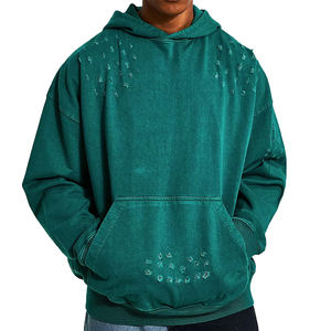 Sudadera con Capucha de Invierno para Hombre, Personalizada OEM, de Algodón 100%, Color Verde, con Parches Bordados y Lavado Ácido - Product Image 1