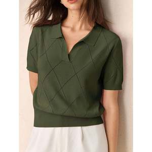 Women's Knitted <b>Argyle</b> Short Sleeve for Polo <b>Sweater</b>-Casual Logo Print Top - Product Image 1