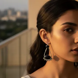 Boucles d'oreilles pendantes en argent 925 pour femmes, pierre précieuse noire, bijoux de mode - Product Image 3