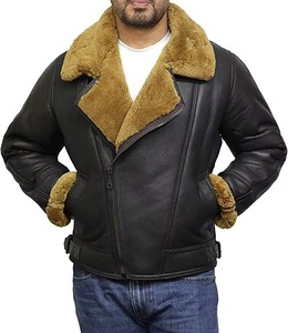 Custom logo <b>Genuine</b> Sheepskin Leather Brown Plus Size Bomber Jacket for Men Winter Warm Shearling Flight B3 Bomber Pilot Jacket - Product Image 5
