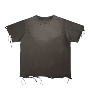 2026 nouvelle mode hommes en détresse brodé Patch manches courtes T-Shirt Streetwear 100% coton sérigraphie conception - Product Image 1