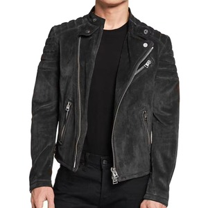 Veste en molleton de luxe en cuir suédé noir pour hommes, col montant d'hiver de haute qualité - Product Image 1