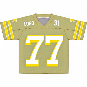 Maillot de football américain vert olive pour homme, col en V, manches courtes, rayures jaunes, numéro 77, impression sublimée, évacuation de l'humidité - Product Image 1