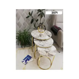 モダンデザインゴールドメタルホワイトマーブル木製ガラストップコーヒーテーブルサイドテーブル2024ベストセラーリビングルーム家具セット