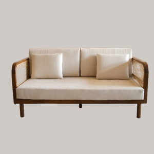 Canapé de salon, dimensions 236x85x78, combinaison bois de teck et rotin, design moderne et élégant - Product Image 1