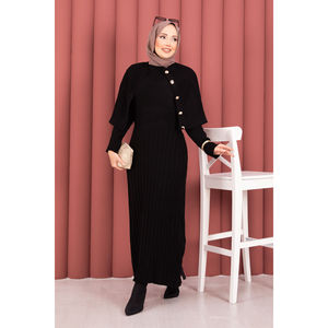 Ensemble robe en tricot avec détails boutonnés, style imprimé décontracté, saison automne, tissage au crochet, couleur noire - Product Image 2