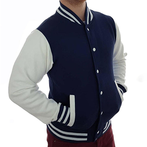 <b>Men's</b> <b>Varsity</b> <b>Jacket</b> Preppy Style Navy White Sleeve Zipper Closure Turn-down Collar Regular Fit Autumn Wear - Product Image 1
