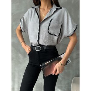 Camisa de lino gris Topshow para mujer con costuras estilo pastor - Blusa informal de algodón y poliéster de ajuste holgado para uso diario - Product Image 4