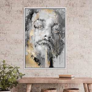 Impression sur toile de visage d'homme abstrait moderne : Art mural élégant avec accents dorés, toile encadrée blanche - Product Image 1