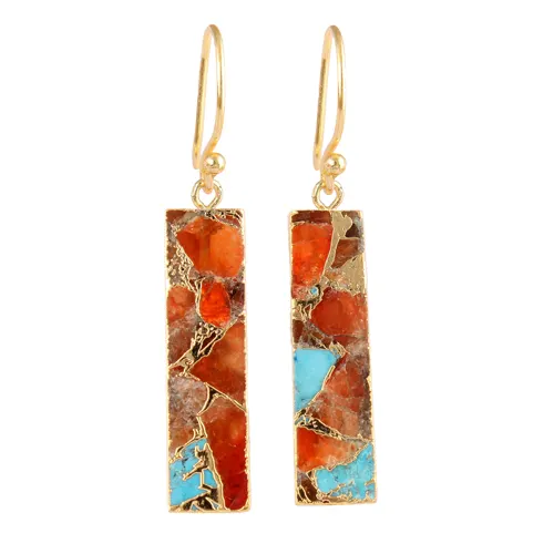 Fine Jewelry Bar Shape Mohave Red Copper Turquoise Drop Dangle Earrings 24k Gold Plated Ear Wire Hook Earrings Teardrop Earrings