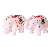 Paire d'éléphants en marbre blanc poli de qualité supérieure, 3 pouces, avec incrustation de cornaline, figurines d'animaux artisanales imitation antique, pour la maison