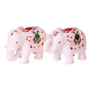 Paire d'éléphants en marbre blanc de qualité supérieure de 3 pouces avec incrustation de cornaline travail artisanal ensemble de figurines d'animaux en marbre décor à la maison - Product Image 3
