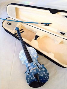 Blue snowflake-painted <b>violin</b>, beautiful winter-themed design, unique artistic student instrument, available at wholesale <b>prices</b> - Product Image 5