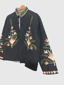 Hand Embroidered Floral Mandarin Collar Jacket Full Sleeve Cotton Woven Prairie Chic Style Adult Women'<b>s</b> Autumn Wear - Product Image 2