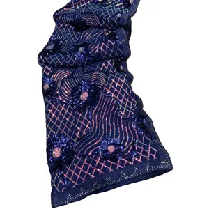 Sari de seda com corte de lantejoulas pesadas para jardas finas importadas, com diamantes Swarovski, de qualidade de exportação
