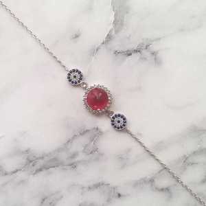 925 Sterling Silver Fashion Charm <b>Bracelet</b> with <b>Red</b> Stone and Evil Eye Bead - Product Image 4