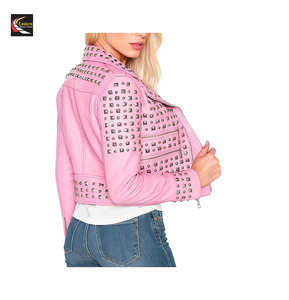 แจ็กเก็ตหนังสีชมพูประดับหมุดสำหรับผู้หญิงเสื้อผ้าชั้นนอกมีสไตล์ - Product Image 4